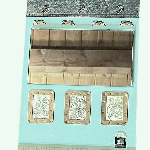 Vintage Handmade Sage Green Alice in Wonderland Themed Mirror on Wood w/Trinkets - Picture 4 of 12